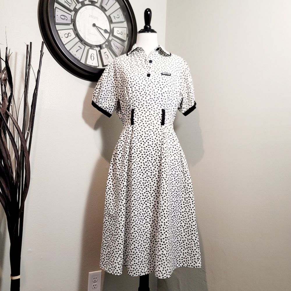 SERIOUS ZIZIFE French Retro Yamamoto Style Black & White Floral Midi Dress Sz M - Picture 2 of 16